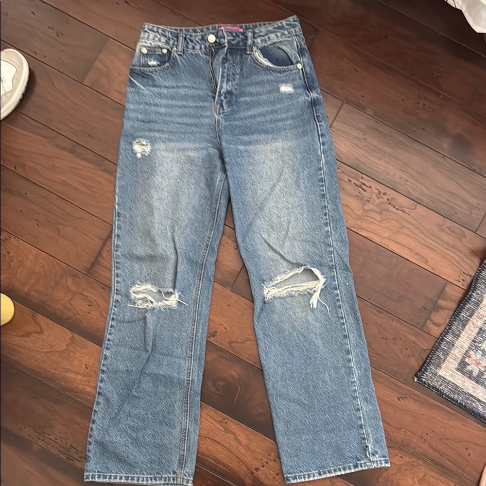 Edikted Blue Straight Leg Jeans with Distressed Details
